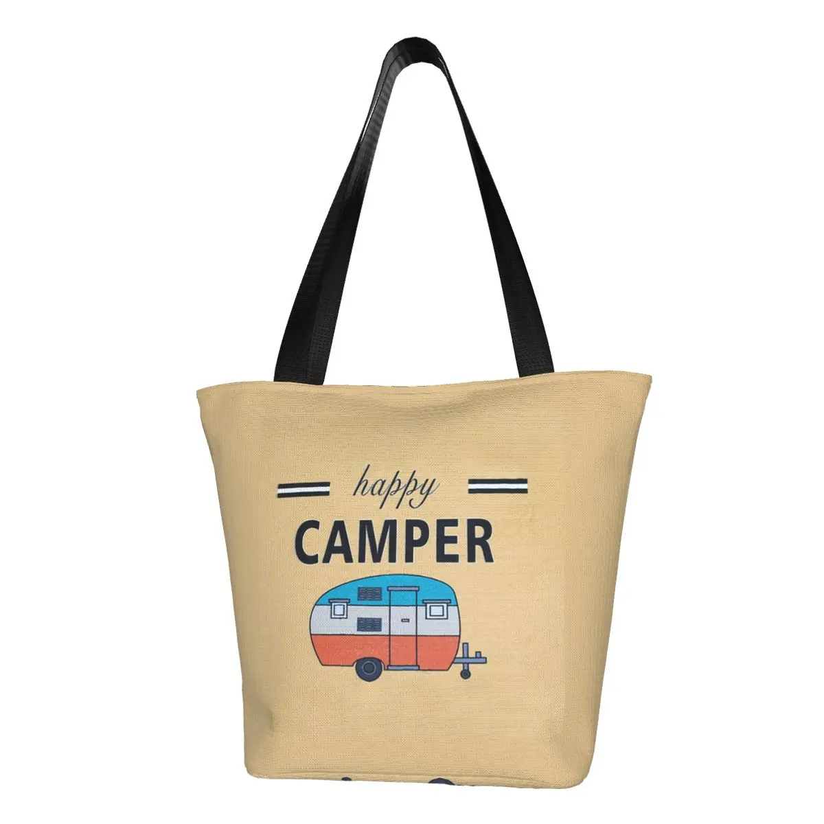 Сумка для покупок Happy Camper Grocery с принтом на холсте, сумка для покупок через плечо, большая вместительная прочная мультяшная сумка для приключений на колесах