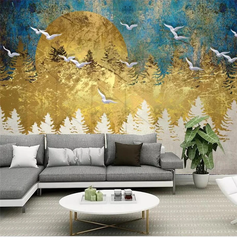 обои wellyu на заказ 3d стерео фотообои новая китайская абстрактная художественная концепция 3D обои Golden pine forest bird обои
