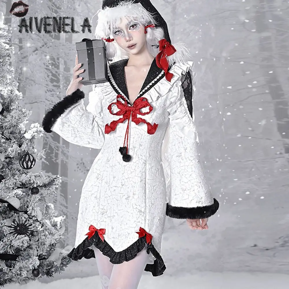 Платье для девочек в готическом стиле харадзюку с матросским воротником и меховыми оборками, вечерние платья принцессы, зимние AFC1815
