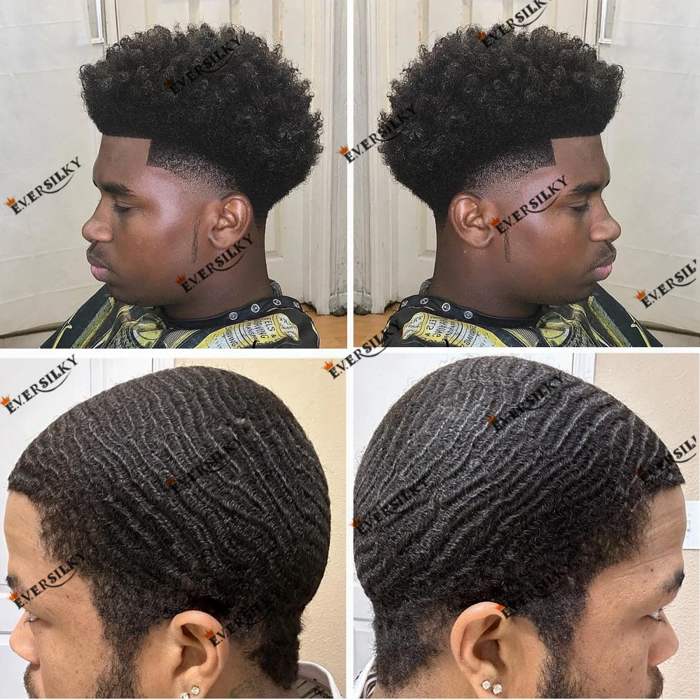 Парик из натуральных черных человеческих волос Afro Curl/360 волн, парик для мужчин, 100% Основа из волос Remy, черный мужской парик, протез, Капиллярная повязка