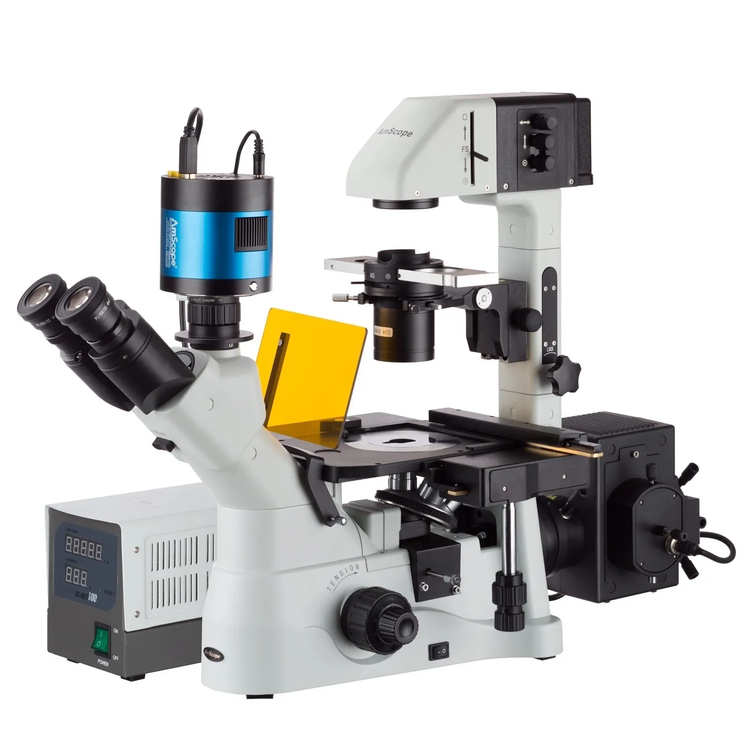 Инвертированный фазово-контрастный + флуоресцентный Микроскоп AmScope 40X-1500X с 6-мегапиксельной камерой с экстремальной низкой освещенностью IN480TC-FL-MF603