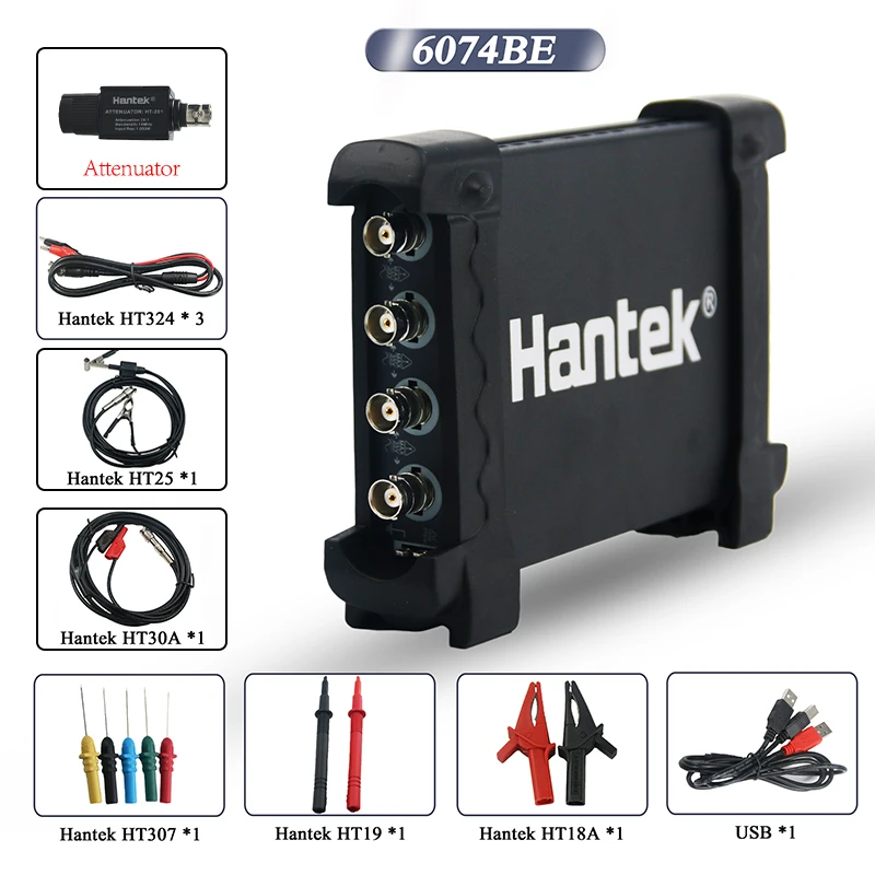 Hantek 6074BE & HT201 Аттенюатор Цифровые Запоминающие Осциллографы ПК USB Портативный 4 Канала с Полосой пропускания 70 МГц Поддержка WIN10