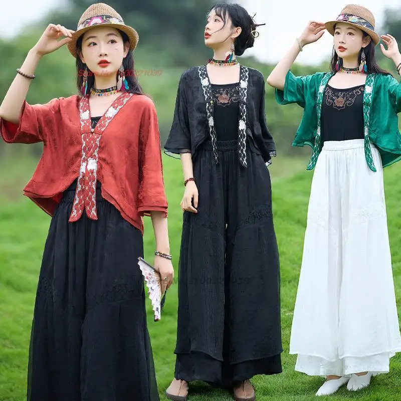 2023 китайская национальная цветочная вышивка, атласный кардиган, традиционное женское винтажное жаккардовое пальто, восточный костюм эпохи тан, этническая блузка