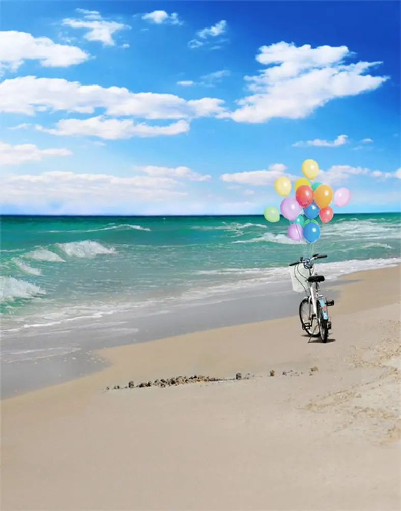 5x7ft Морской пляж Воздушный шар Велосипедные Фоны для фотосъемки Реквизит для фотосессии Студийный Фон