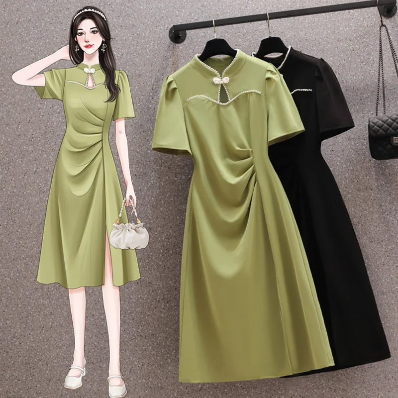 Женские китайские платья Чонсам с полувысоким воротником и коротким рукавом, повседневные женские платья размера Плюс 4XL, Элегантный летний черно-зеленый праздничный халат