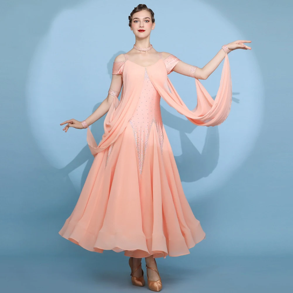 Романтический пудровый блеск, современный танцевальный костюм, платье феи, платье для вальса, национальный стандартный танцевальный костюм с бриллиантами