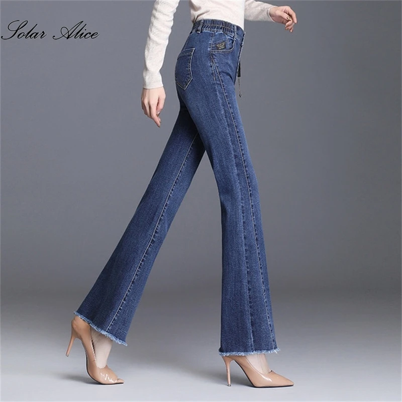 Бесплатная доставка 2021, осенне-зимние женские новые джинсы-клеш с эластичной резинкой на талии, облегающие повседневные брюки с драпировкой