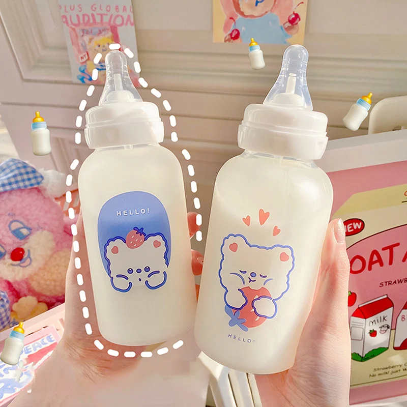 320 мл Кавайный клубничный мишка Стеклянная пустышка Бутылка для воды Соломенная чашка для взрослых детей Герметичные бутылочки для питья с молочной глазурью