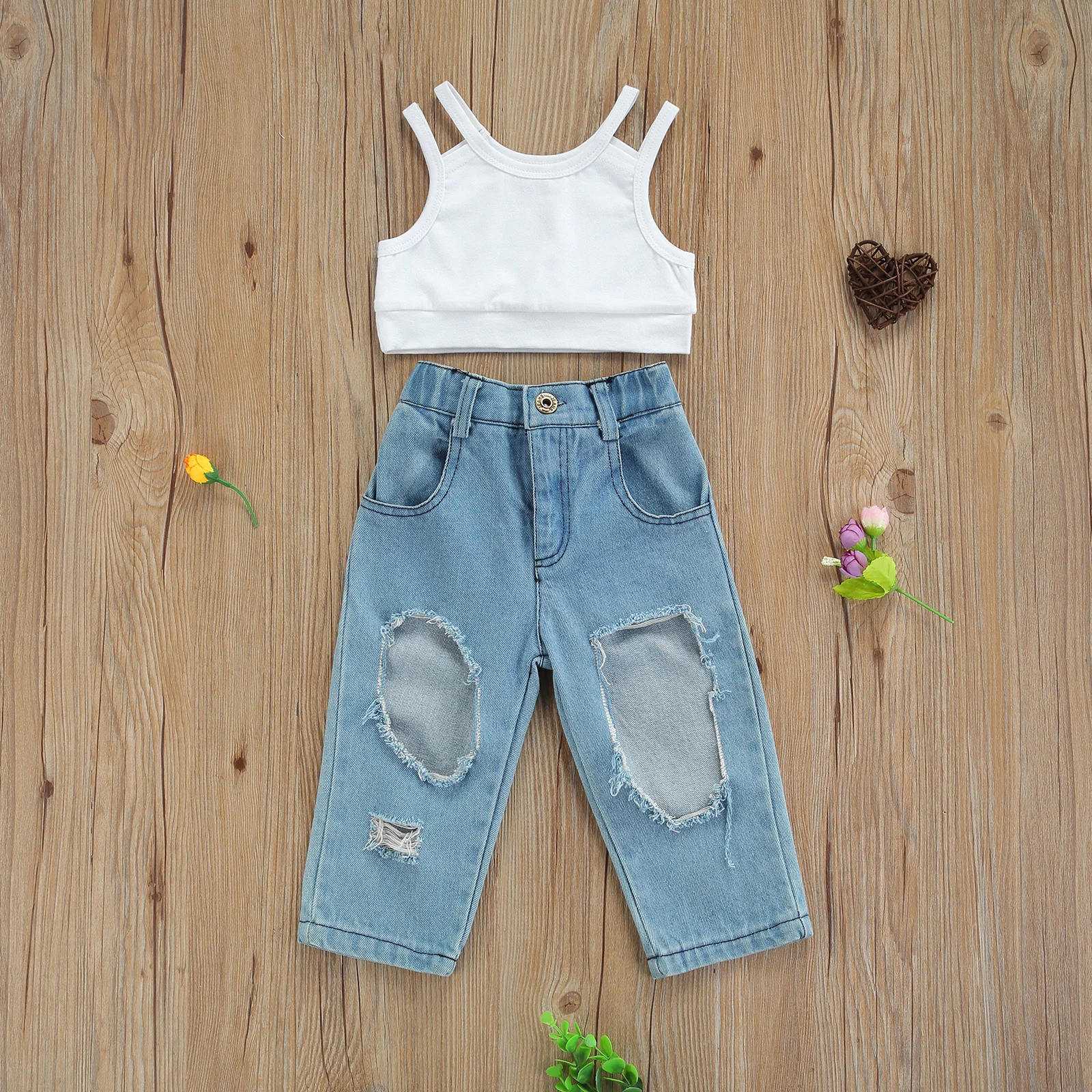 Комплект одежды для девочек от 1 до 7 лет, Однотонные топы на бретелях + Рваные джинсы с высокой талией, Повседневные Летние Детские комплекты