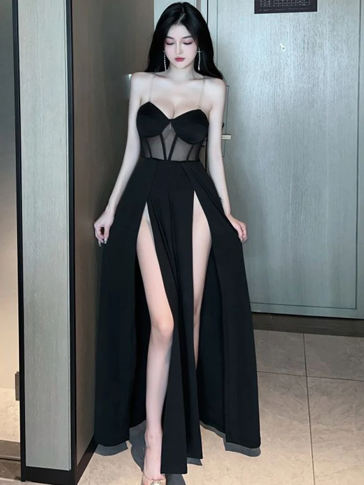 Сексуальные черные сетчатые лоскутные платья Макси с корсетом без бретелек, женские летние платья 2022, облегающее платье без рукавов с разрезом, прозрачное вечернее клубное платье