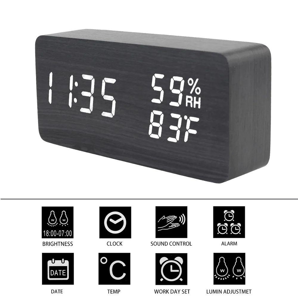 Прикроватные электронные настольные часы с голосовым управлением от USB / AAA, деревянные часы со светодиодной индикацией температуры и влажности