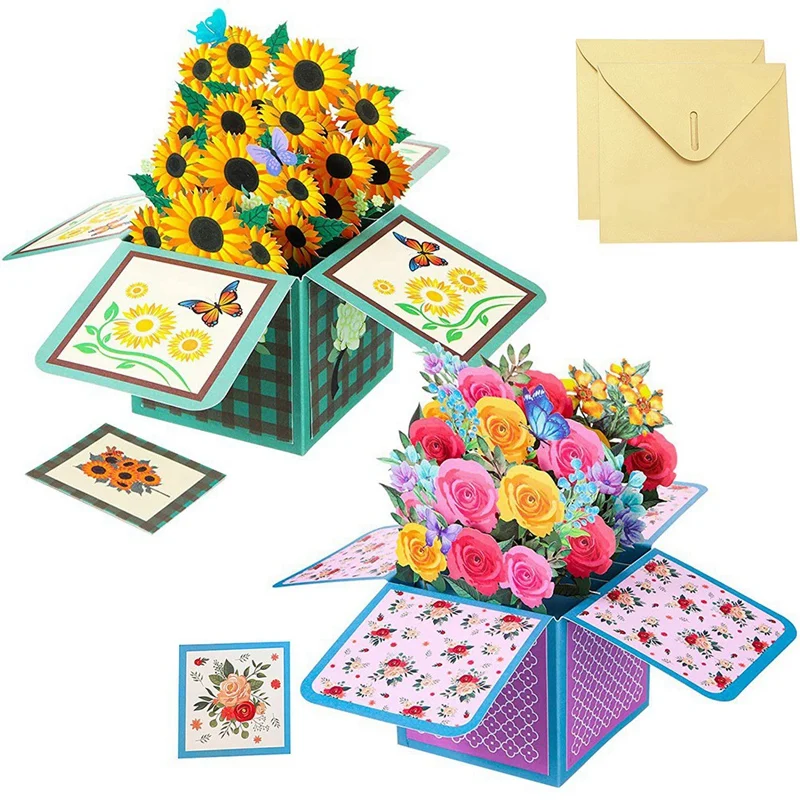 2 шт Открытки с цветочным рисунком подсолнуха, цветные поздравительные открытки На День матери, 3D конверт с букетом На День матери, подарки для мам