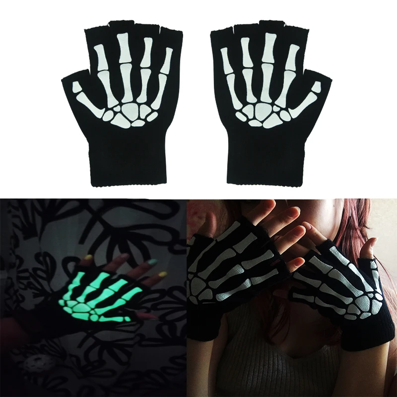 Вязаные перчатки со светящейся головкой скелета на полпальца, теплые Дышащие Мужские Женские перчатки для фитнеса, Велосипедное снаряжение