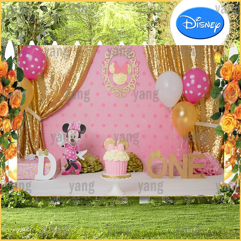 Мультфильм на заказ, Милый галстук-бабочка Disney, Золотое кружево, Минни Маус, Разноцветный фон в виде воздушных шаров, фон для фотосъемки вечеринки по случаю дня рождения.