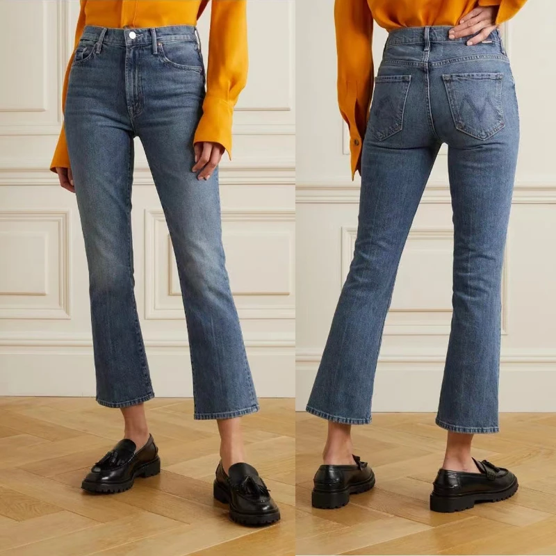Ранней осенью 2023 года Новые женские винтажные синие расклешенные джинсы, женские узкие брюки-стрейч до щиколотки с высокой талией, джинсовые брюки