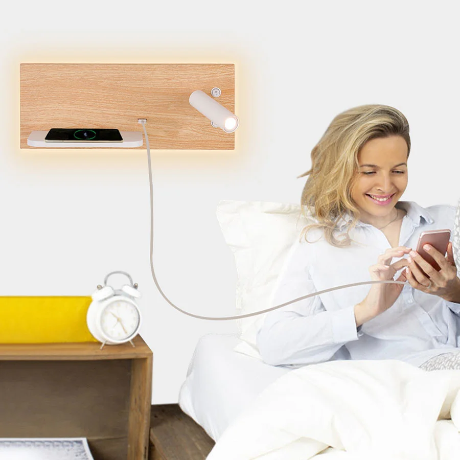 7 + 3 Вт Многофункциональный Железный гостиничный настенный светильник USB Беспроводное Зарядное Устройство Настенный светильник для чтения в изголовье кровати в спальне с подсветкой
