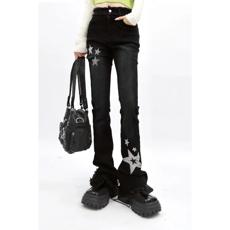 Винтажные черные расклешенные джинсы High Street, женские весенние новые расклешенные джинсы с принтом в виде звезды, брюки с необработанным краем и высокой талией, уличная одежда Y2k