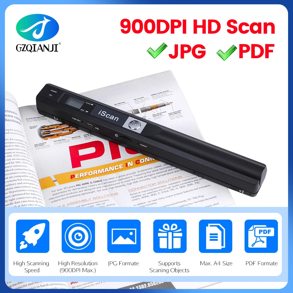 Мини Портативный цифровой сканер GZISCAN01 с разрешением 900 точек на дюйм Handyscan Color Wireless A4 Handhold Scanner Pen A4 Document JPG PDF Scanner