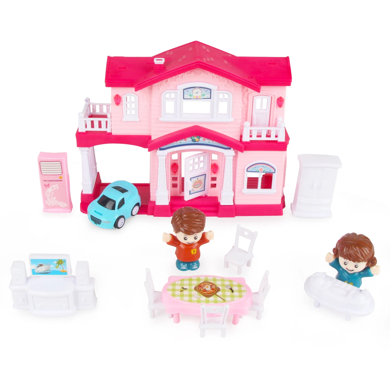 Игровой набор для детского домика 13 В 1 Кукольный дом с мебелью Открывающаяся дверь, свет и звуки дверного звонка Подарок для малышей Девочек от 3 лет +