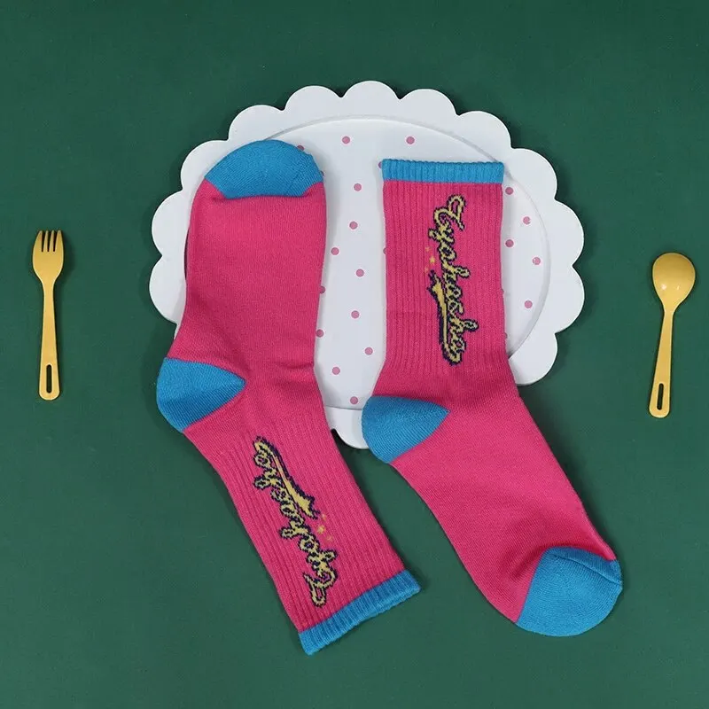 Женские осенние Весенне-летние хлопчатобумажные носки с буквами розового, красного, синего цвета, повседневные носки для девочек, высококачественный хлопок