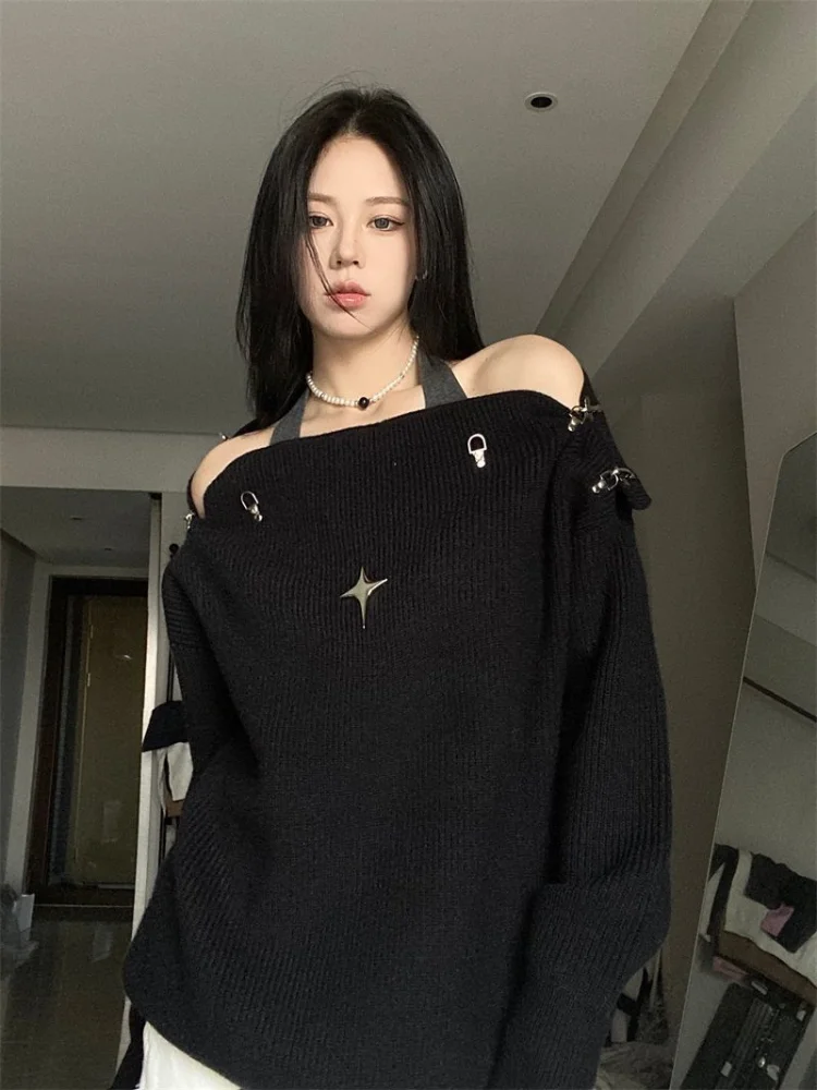 Корейская модная одежда Женские Свитера Y2k Harajuku Трикотажные пуловеры Kpop Crewneck Черные топы с длинными рукавами Верхняя одежда