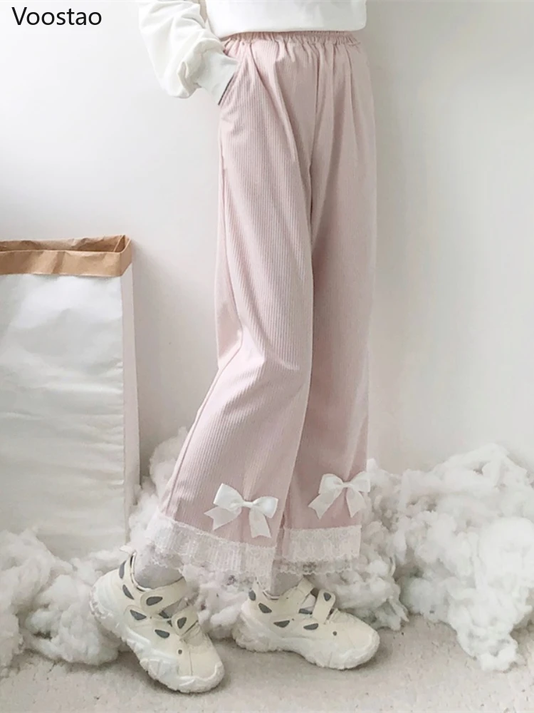 Японская Лолита Женские Кавайные вельветовые брюки с высокой талией, кружевные брюки с милым бантом, широкие брюки, девчачий шик харадзюку, Свободные милые брюки