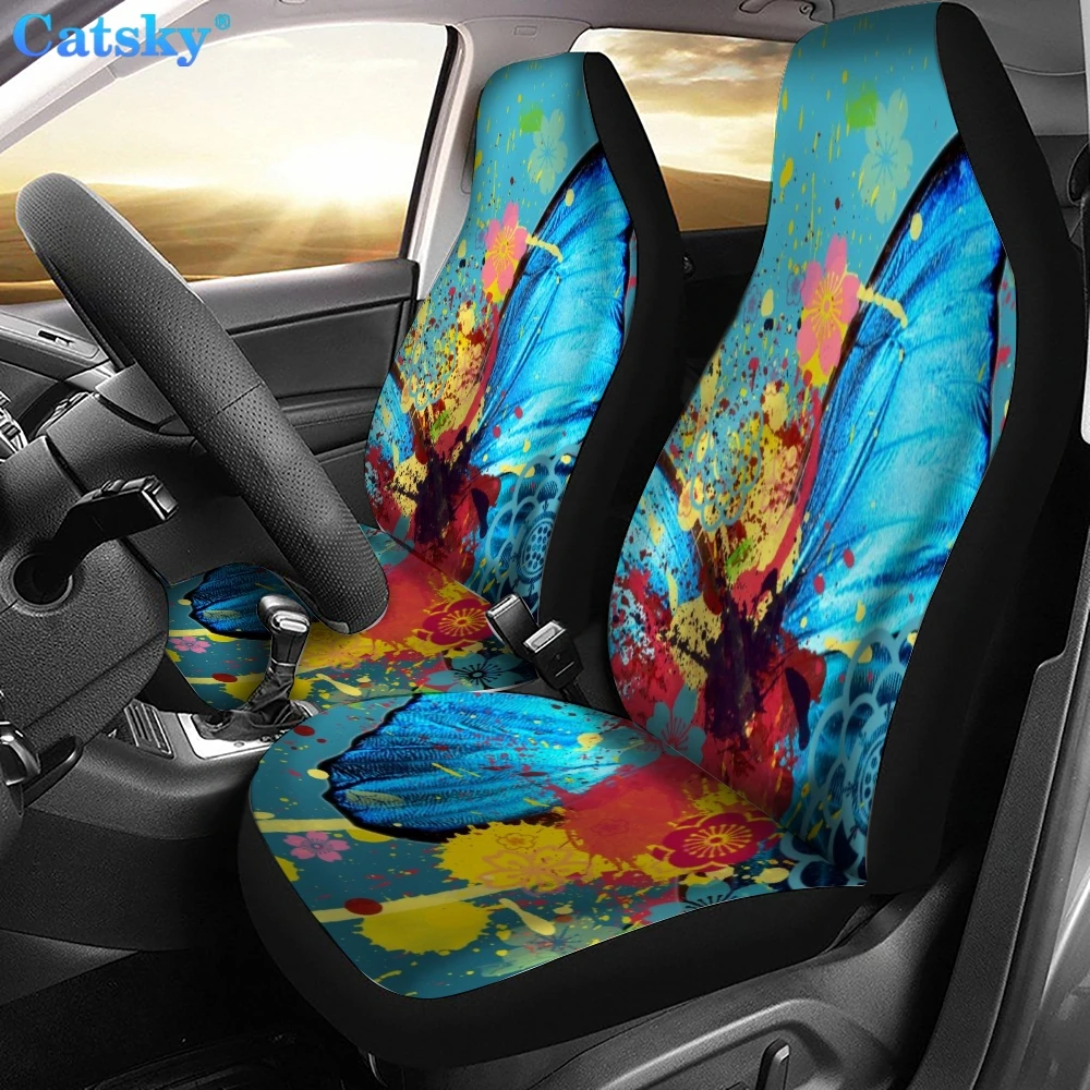 Украшение чехлов для автомобильных сидений Beauty Blue Butterfly, лучшие идеи подарков, сделай сам, набор из 2 универсальных защитных чехлов для передних сидений
