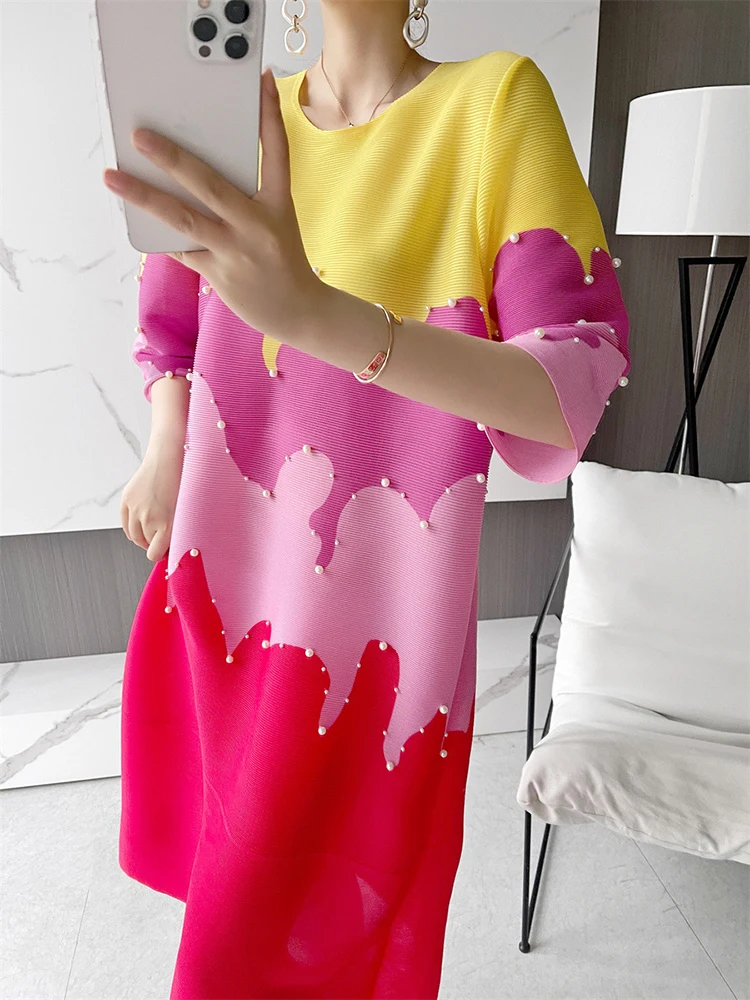 Плиссированное платье с цветными блоками TIANPEI 2022, Летние Свободные Женские Жемчужные бусы, Корейская мода, оригинальная Дизайнерская эстетическая одежда
