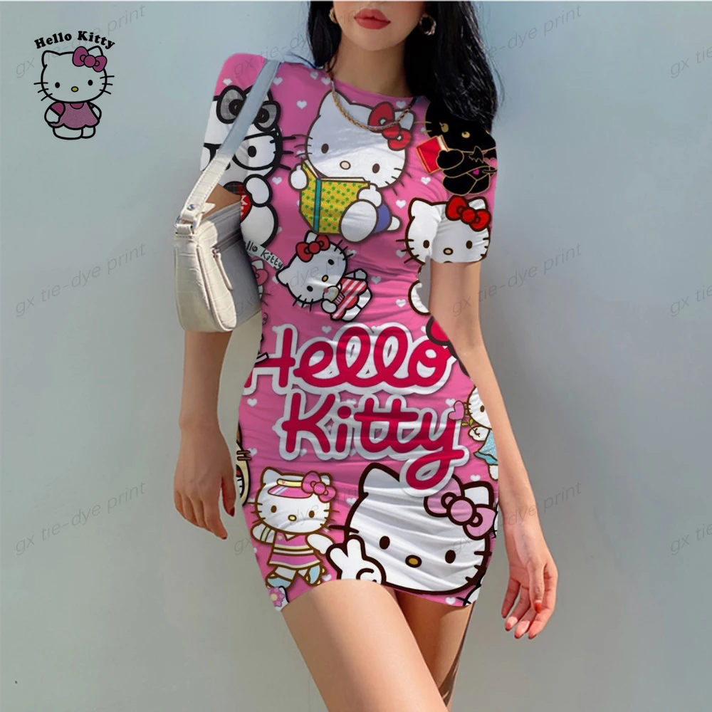 2023 Новое летнее женское модное пляжное платье с круглым вырезом, пуловер с короткими рукавами Hello Kitty, Элегантное повседневное платье длиной до колен