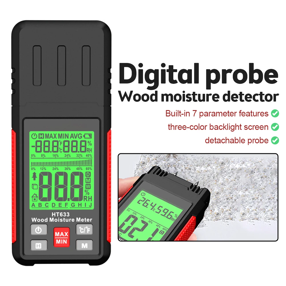 HT633 Цифровой измеритель влажности древесины Профессиональный 0 ~ 57% Гигрометр древесины Контактный Детектор утечки воды для деревянных стен пола