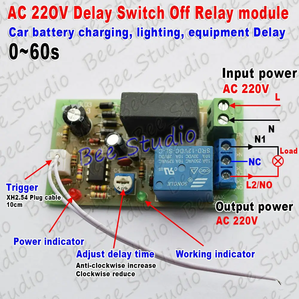 AC 220V 230V 240V Задержка срабатывания таймера, реле, задержка выключения 0 ~ 60 с, релейный модуль