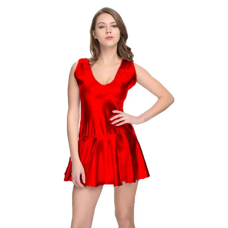 Женское мини-платье трапециевидной формы без рукавов с V-образным вырезом, 18 цветов, Vestido из искусственной кожи, блестящее металлическое плиссированное платье, сценический костюм