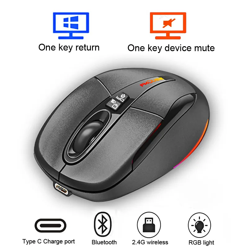 Многофункциональная беспроводная мышь Bluetooth 2.4G С возможностью перехода одним щелчком мыши на рабочий стол Type-C Перезаряжаемая Беззвучная мышь с бесшумной RGB-подсветкой 2400 точек на дюйм