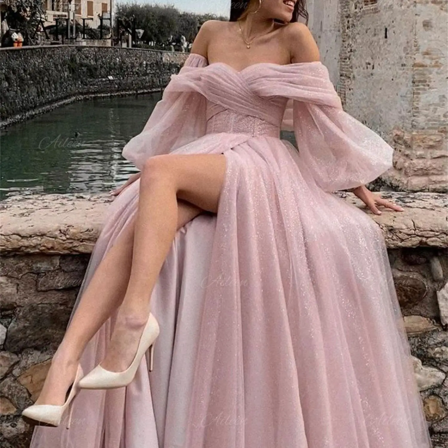 Женское вечернее платье Aileen Pink Женское Элегантное Роскошное платье подружки невесты с плечами, женский блестящий халат с разрезом сбоку в виде сердечка