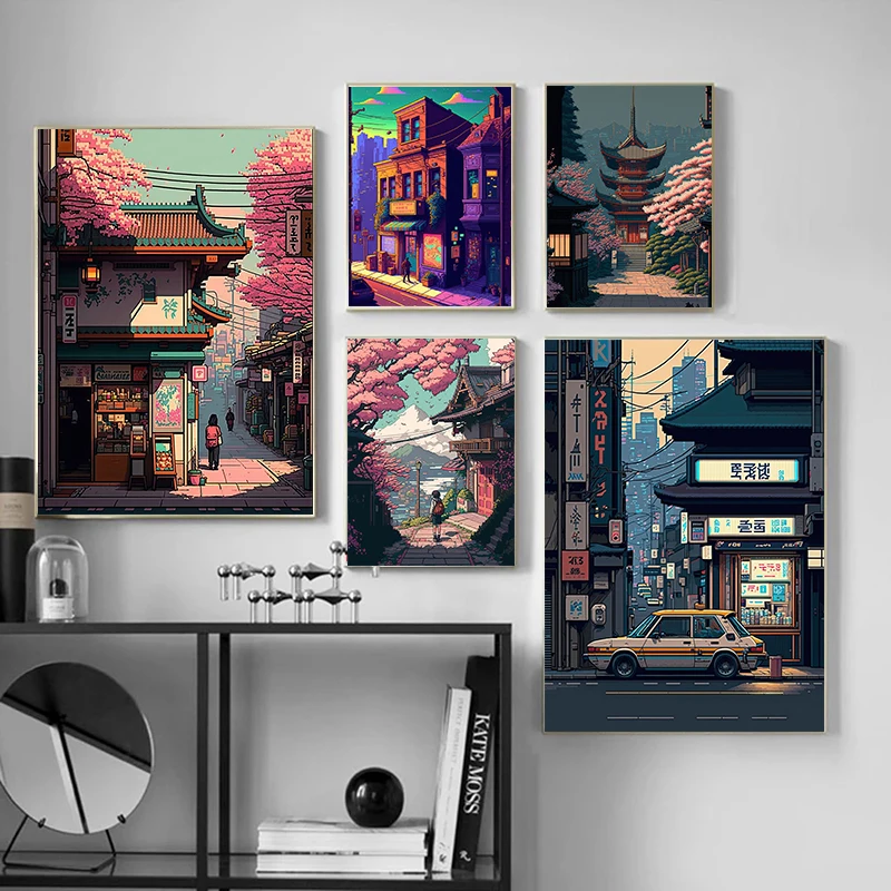 Комиксы Плакатные принты Япония Пиксельный вид здания Уличный пейзаж Настенное искусство Холст Картина для гостиной Картина домашнего декора
