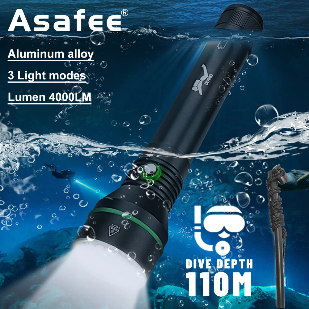 Asafee S5 110M XHP70 светодиодный подводный фонарик для дайвинга 4000LM SOS Нажмите Переключатель Факел Водонепроницаемая Лампа для подводного плавания Наружный Фонарь