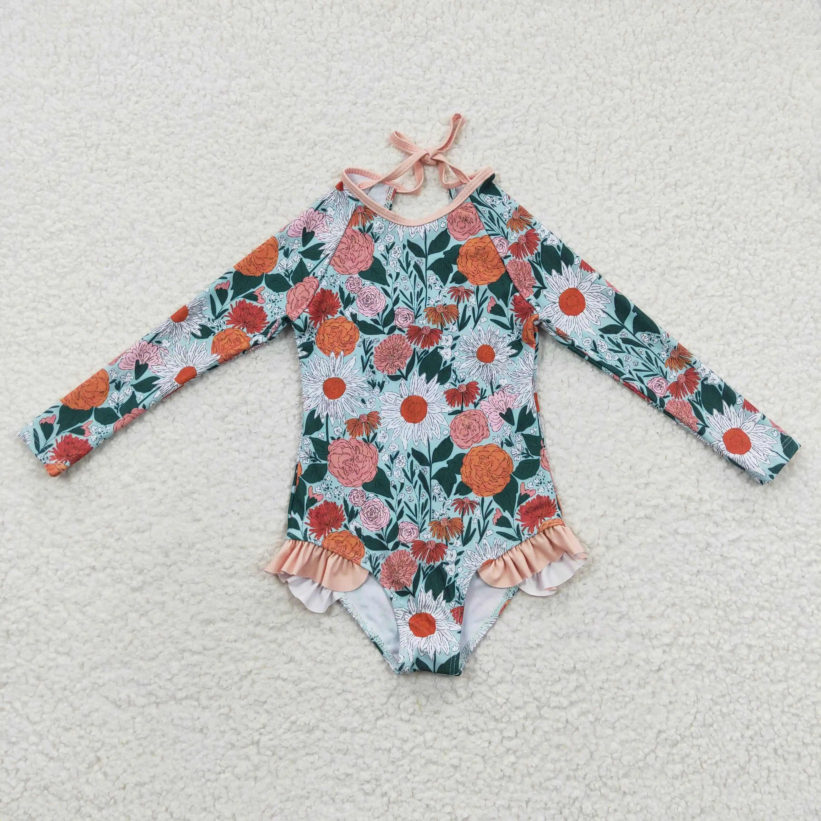 Новейший дизайн 2023 года RTS Детская летняя пляжная одежда Цельный купальник с цветочным рисунком для девочек Детский купальник с длинным рукавом