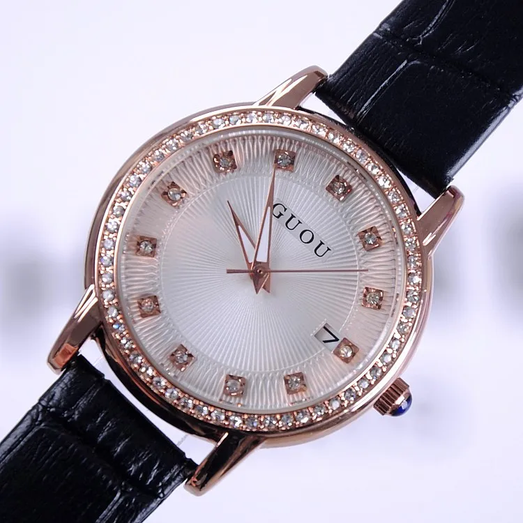 Наручные часы GUOU 8113, кварцевые часы, высококачественные женские часы, натуральная кожа, модный бриллиантовый узор в виде солнца с календарем
