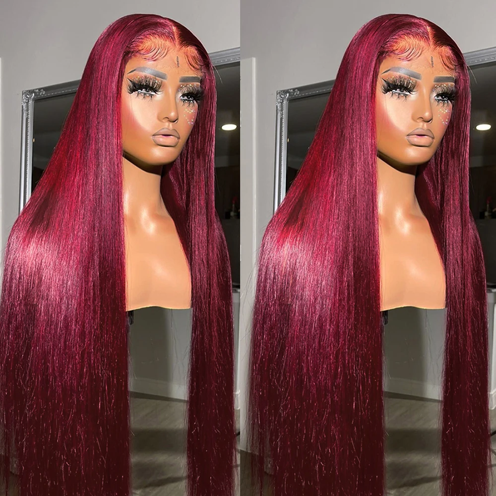 Бордовый прямой парик на кружеве 99J HD Прозрачный парик из человеческих волос на кружеве, предварительно выщипанный бразильский парик красного цвета для женщин