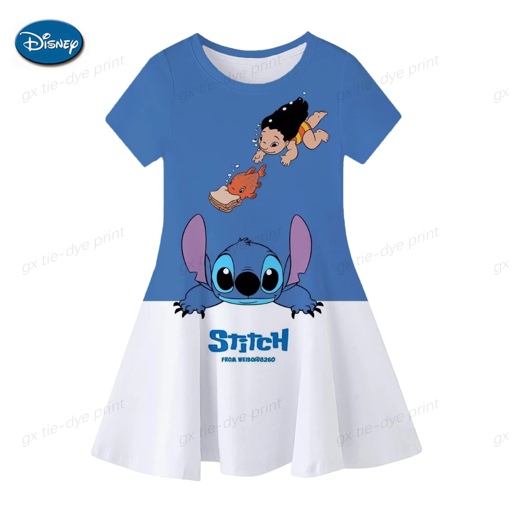 Новое летнее повседневное платье принцессы с рисунком из мультфильма 2023, повседневное платье Disney Stitch с круглым вырезом и коротким рукавом для девочек, платье принцессы для девочек