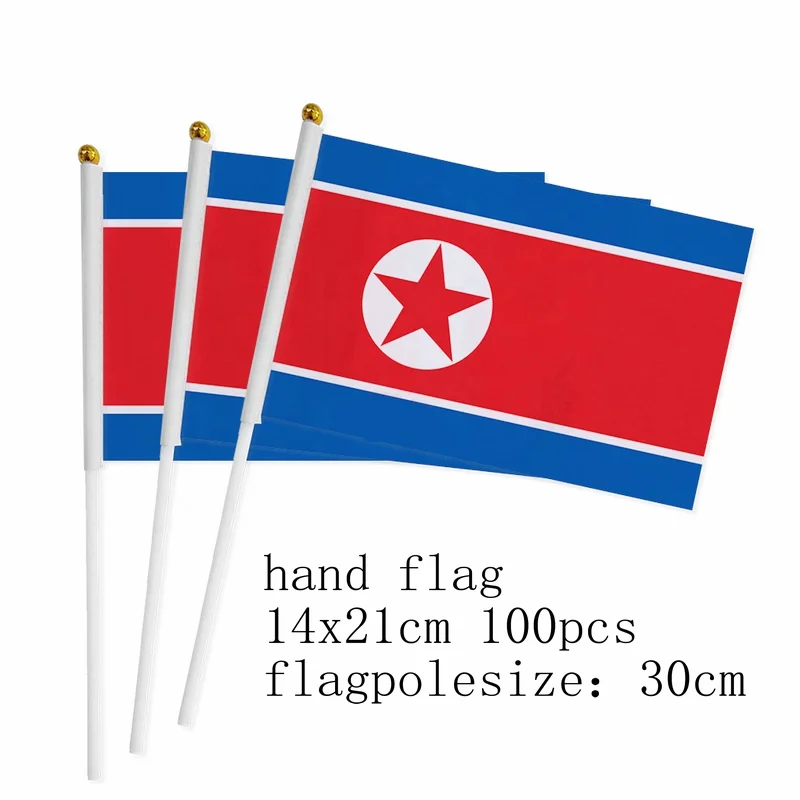 zwjflagshow Ручной Флаг Северной Кореи 14*21 см 100шт полиэстер Ручной Флаг Северной Кореи с пластиковым флагштоком для украшения