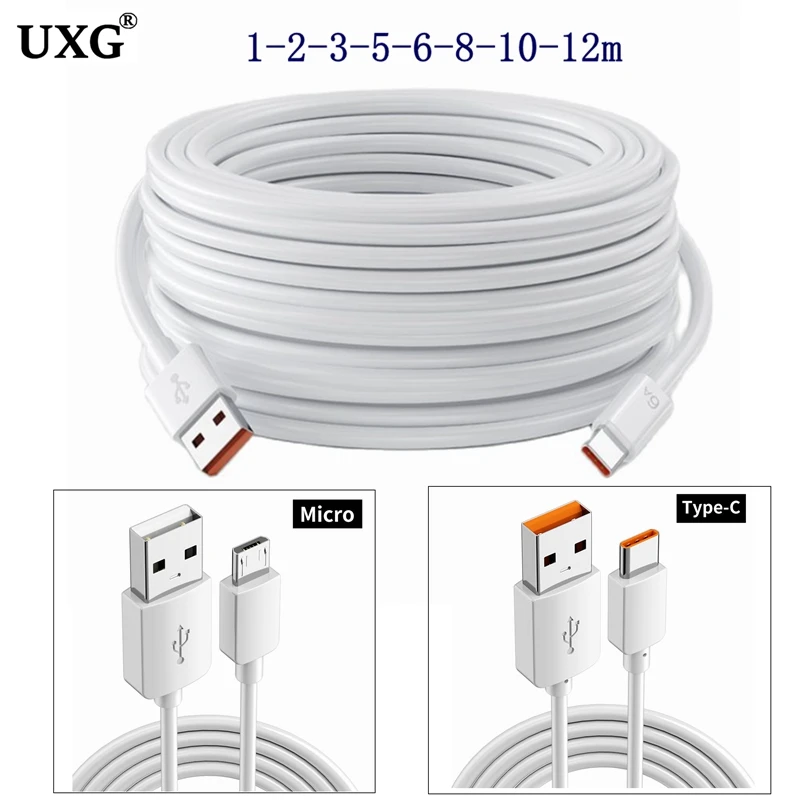 кабель для передачи данных Micro USB Type-C длиной 1 м-12 м Универсальный удлиненный зарядный кабель для планшета Android Xiaomi Huawei, камеры, USB-кабеля для зарядки