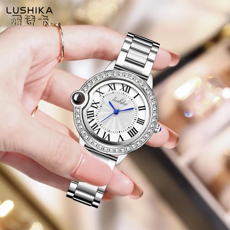 Женские кварцевые часы Leisure Fashion Легкий роскошный ремешок для часов с тремя бусинками, инкрустированный бриллиантами Стальной ремешок с указателем, водонепроницаемые часы H126