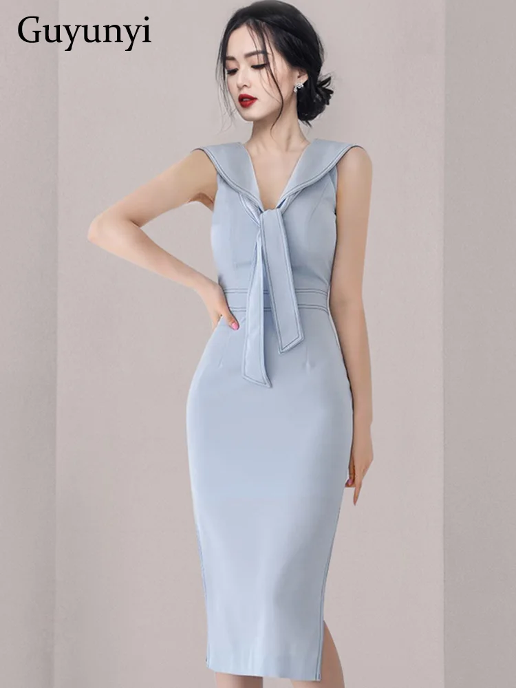 Элегантное офисное женское платье, летний светло-голубой плащ с оборками, V-образный вырез, лента, без рукавов, двойной разрез, Высокая талия, облегающее вечернее платье-футляр
