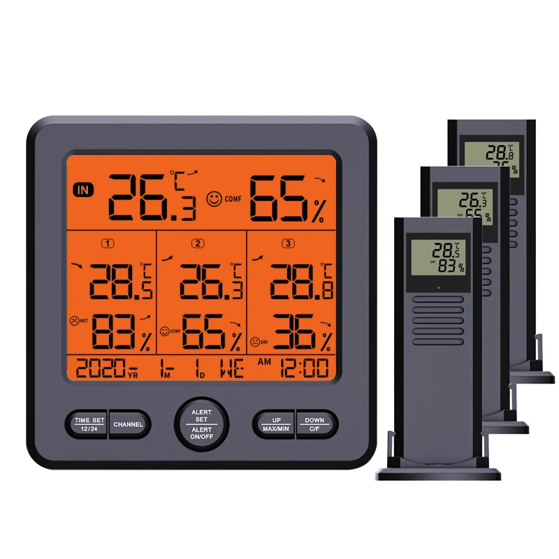 Домашняя метеостанция с ЖК-дисплеем, сигнализация максимального предела в помещении, Цифровой термометр, гигрометр, измеритель тренда, 3шт Беспроводной наружный датчик