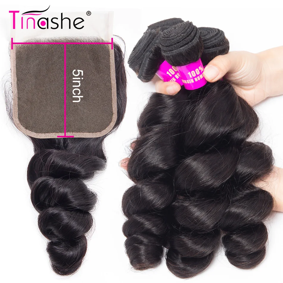 Кружевная Застежка Tinashe 5x5 С Пучками Свободные Волнистые Пучки С Закрытием Remy Бразильские Человеческие Волосы Плетение 3 Пучка С закрытием