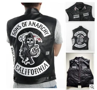 4 Стиля, Вышивка Sons Of Anarchy, Кожаный жилет в стиле рок-панк, косплей костюм, мотоциклетная куртка без рукавов черного цвета.