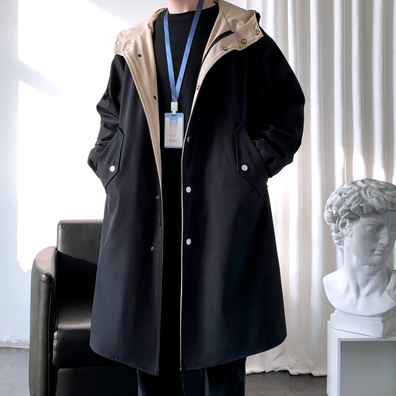 Длинный тренч, куртка, мужская хип-хоп Корейская модная ветровка, Уличная одежда, мужские повседневные куртки в стиле пэчворк с капюшоном, Весна-осень
