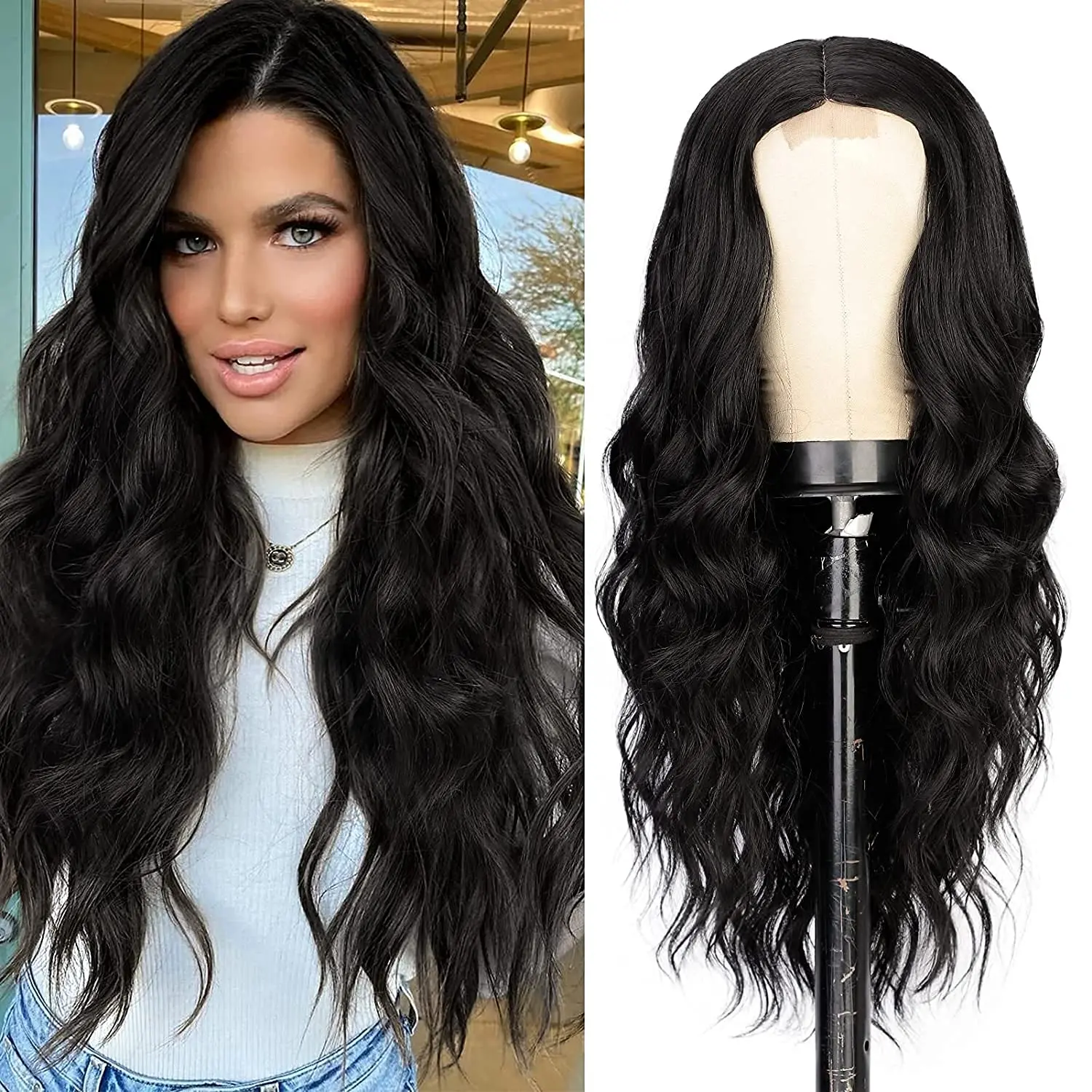 Длинные черные волнистые синтетические кружевные парики для женщин, средняя часть, черный кудрявый парик, Термостойкие натуральные парики для ежедневного использования