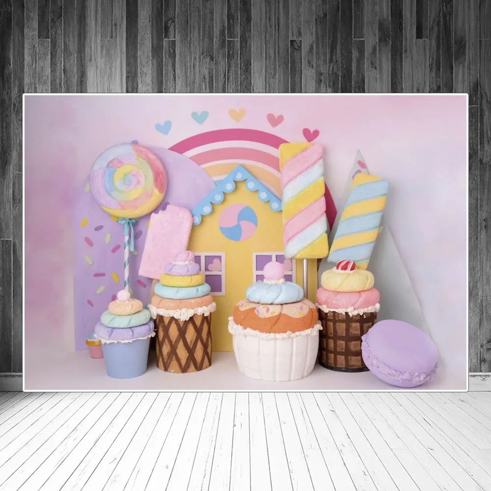 Фон для фотосъемки в виде радужного украшения на День рождения Candyland Cabin Shop, пончики, торт На Заказ, детские фотофоны